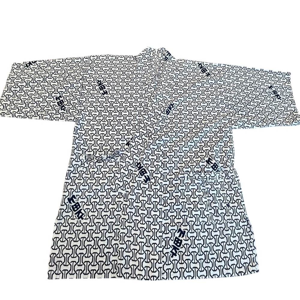 Vintage Japanese Yukata Kimono Robe Navy White Geometric Kanji Cotton L XL